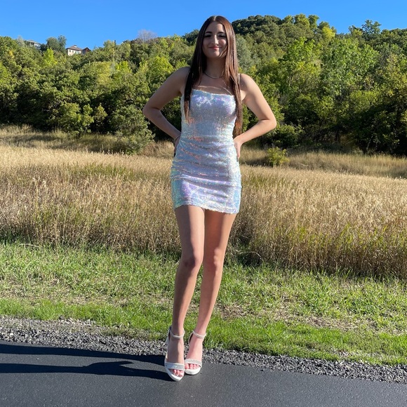 White Sequin Holographic Homecoming Dress - Picture 3 of 6